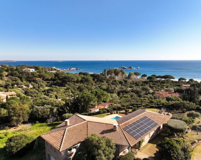 Palombaggia, villa 6 chambres, accès plage à pieds par un chemin privé, piscine, vue mer, proche plage