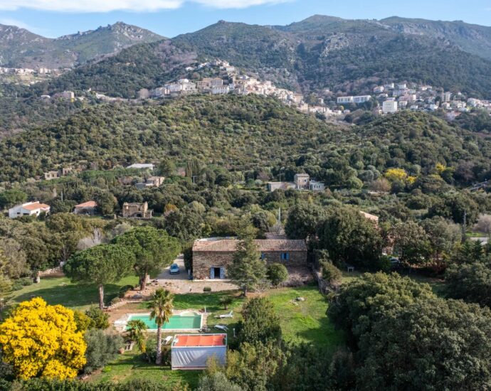 Saint-Florent, villa en pierres, 5 chambres, parc arboré avec piscine, proche plage