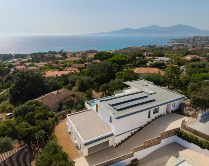 Rive Sud d’Ajaccio, Porticcio, Villa contemporaine avec vue mer, 4 chambre, piscine à débordement, proche plage