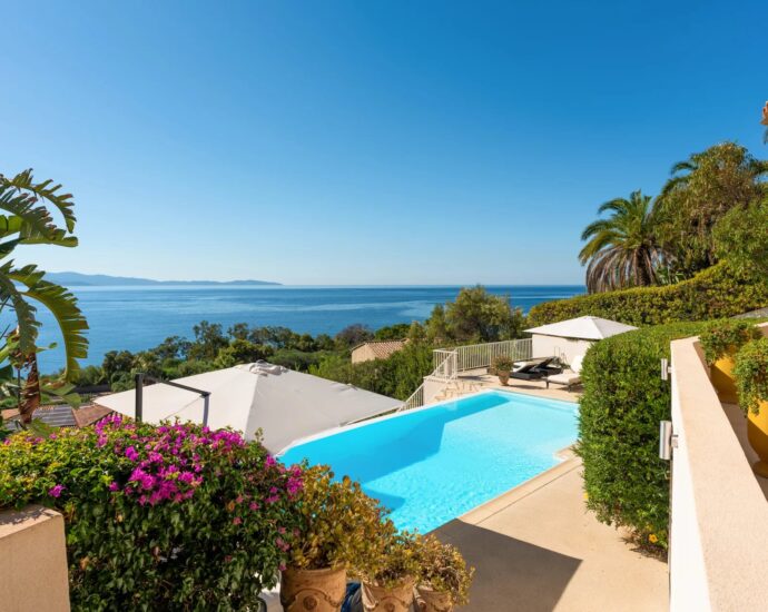 Ajaccio, route des Sanguinaires, Villa vue mer panoramique, 5 chambres, piscine à débordement, plage à pied